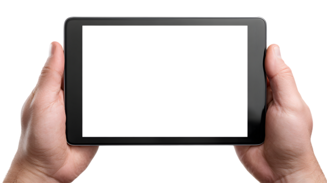 Hands holding tablet computer with blank screen for mockup or presentation purposes against a white background