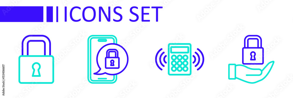 Poster set line lock, security keypad access panel, mobile with closed padlock and icon. vector