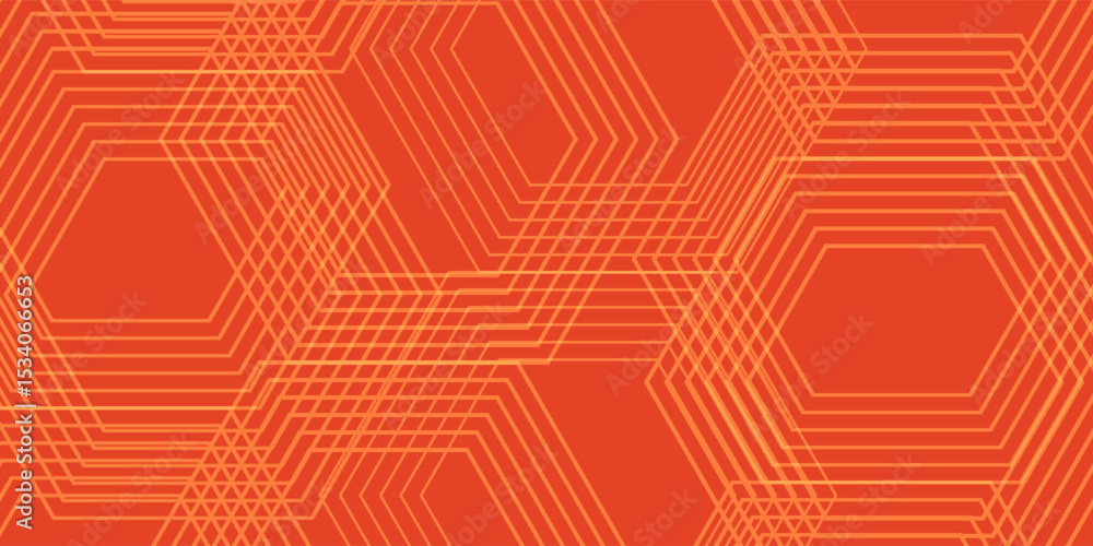 Poster abstract orange background with glowing geometric lines. modern shiny yellow hexagon lines pattern. 