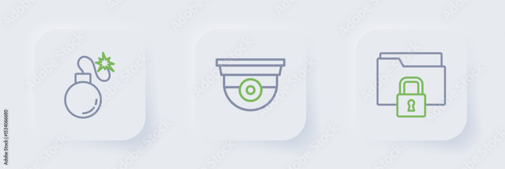 Poster set line folder and lock, security camera and bomb icon. vector