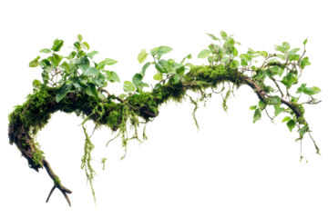 Twisted wild liana with messy jungle vines, showcasing vibrant green foliage and moss in a natural environment