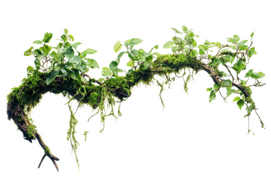 Fototapeta Twisted wild liana with messy jungle vines, showcasing vibrant green foliage and moss in a natural environment