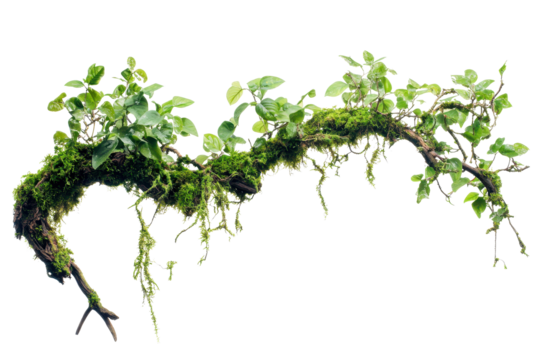 Twisted wild liana with messy jungle vines, showcasing vibrant green foliage and moss in a natural environment