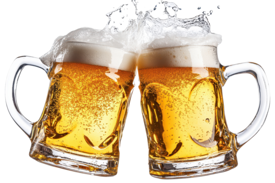 Beer mugs collide in celebration creating a splash with frothy bubbles and golden liquid on a bright background