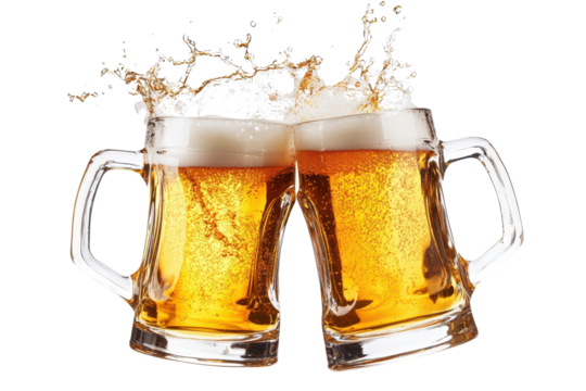 Celebration with two beer mugs toasting and creating a splash in a lively atmosphere