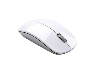 Sleek white wireless computer mouse with silver scroll wheel angled view