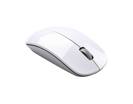 Sleek white wireless computer mouse with silver scroll wheel angled view