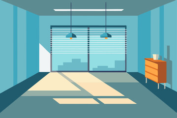 Fototapeta premium Modern Minimalist Office Interior Design Sunlit Workspace with City View