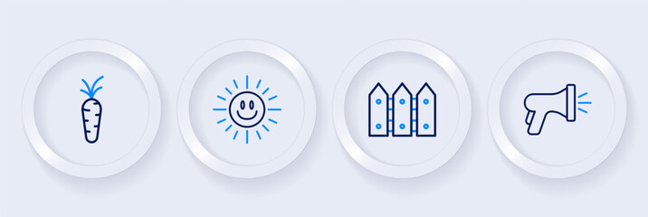 Set line Garden hose, fence wooden, Sun and Carrot icon. Vector