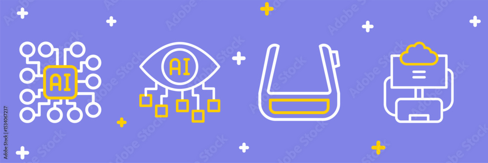 Poster set line cloud database, smart glasses on spectacles, computer vision and neural network icon. vecto