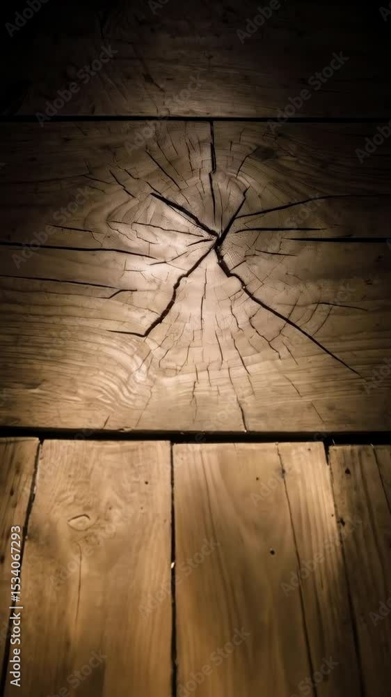 Poster rustic wooden floor with visible grain and knots, illuminated by a soft light casting shadows and hi
