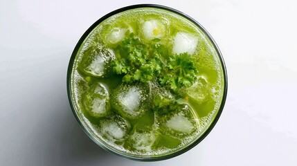 Obraz premium Vietnamese pennywort juice nuoc rau ma clear glass with crushed ice white background top down view