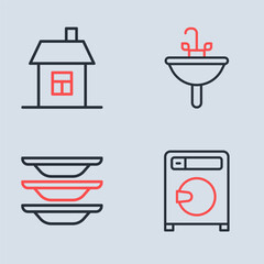 Set line Washbasin, Washing dishes, Washer and House icon. Vector