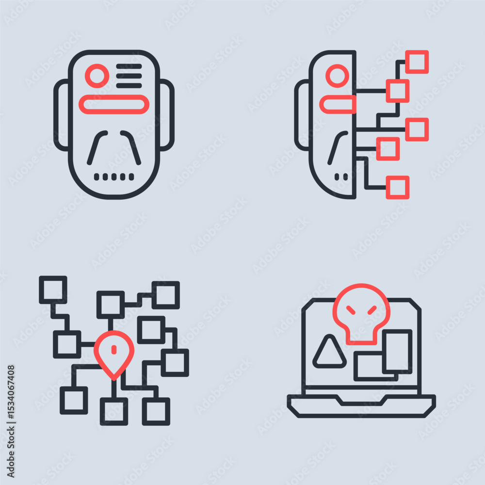 Poster set line humanoid robot, neural network, internet piracy and artificial intelligence icon. vector