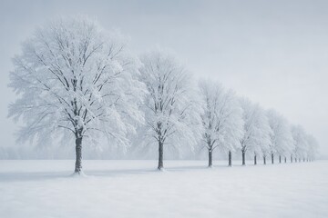 Row of leafless trees covered in heavy snow on a wintery day. concept of nature's beauty, winter wonder, tranquility