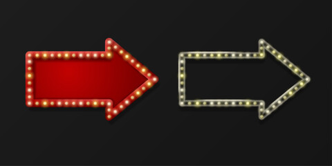 Realistic signs of the red and glass arrow frame with yellow bulbs. Vector 3D Illustration.