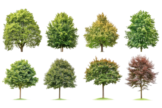 Collection of various street trees including chestnut and Quercus rubra pl x showcasing seasonal colors and textures in a natural landscape setting