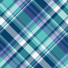 Vibrant teal, purple, and navy plaid pattern.  Ideal for textile design, fashion, or website backgrounds. This stylish, seamless texture evokes feelings of freshness and energy.