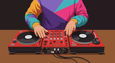 DJ performing with red mixer and two turntables in a nightclub