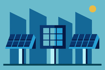Vector illustration of a modern urban skyscraper with solar panels on its roof, perfect for city business and sustainable architecture design