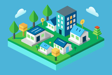 Green city landscape with isometric residential buildings, trees, and roads illustrating a modern urban design plan