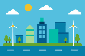 Naklejka premium City road landscape vector illustration with buildings, trees, and sky