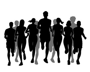 Silhouette of crowd of young people running, morning jogging, isolated icon on white background.