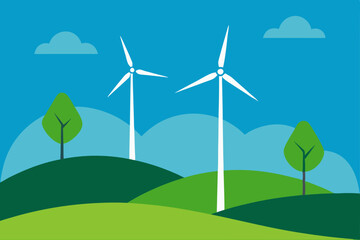 Fototapeta premium Green field wind turbines generate clean, renewable energy under a blue sky, illustrating sustainable power technology in harmony with nature