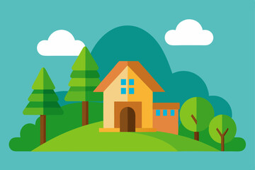 Fototapeta premium Here's a single sentence for describing the image:A charming cartoon house nestled in a vibrant rural landscape, surrounded by trees under a clear sky, embodying a peaceful country home illustration