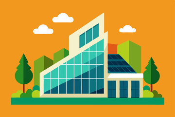 Obraz premium Green energy concept with solar panels on a house and tree in a vibrant, eco-friendly urban landscape illustration