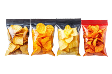Variety of snack bags featuring chips and savory treats displayed on a minimalist white background