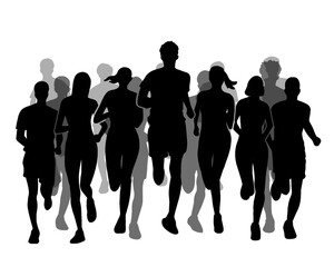 Silhouette of crowd of young people running, morning jogging, isolated icon on white background.