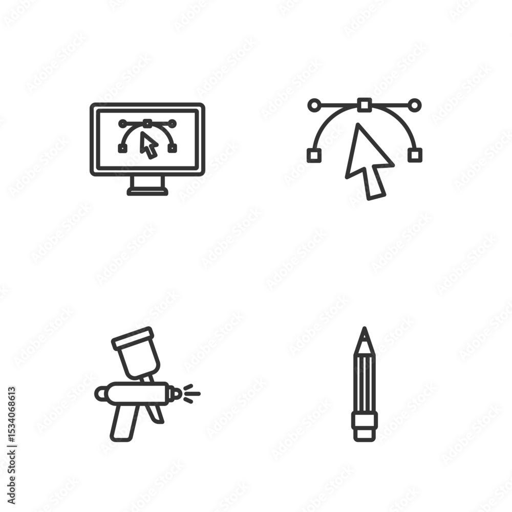 Aufkleber set line pencil with eraser, paint spray gun, computer design program and bezier curve icon. vector