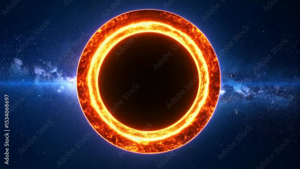 Poster visual rendering of a black hole with a glowing orange accretion disk against a backdrop of swirling