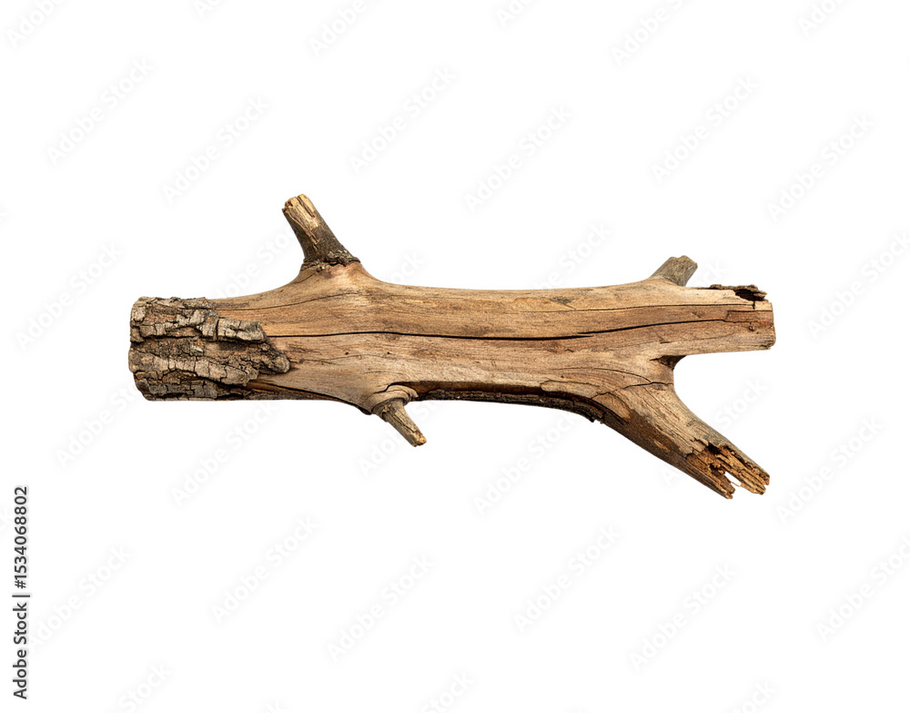 Poster weathered branch with textured bark and broken twigs isolated