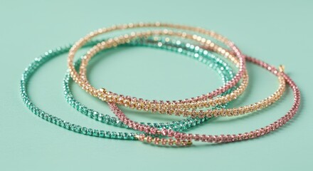 Three pastelcolored rhinestone necklaces lie intertwined on a mint green background