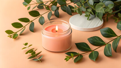 Lit Coral Candle with Green Leaves on Peach Background &ndash; Aesthetic Home Decor Scene

