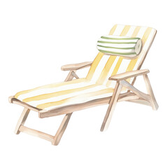 Watercolor beach lounge chair with yellow stripes and cushion on a white background