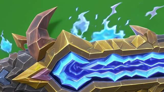 Fantasy Weapon Close Up High Angle View Showing Brown Gold and Black Colors with Blue Energy Isolated on Green Screen Perfect for Visual Effects