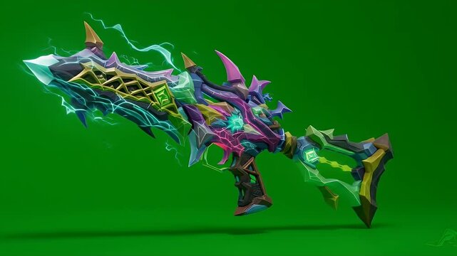 Fantasy Weapon Pixelated Design in Green Screen Isolated 3D Render Animation Idle Front View Ideal for VFX RPGs Animations Fantasy Themed Events