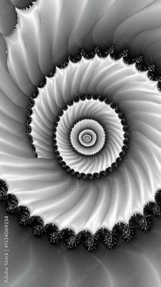 Poster silver fractal background with an intricate spiral pattern, radial design, monochrome shapes, and sy