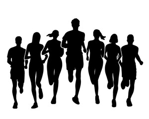 Silhouette of crowd of young people running, morning jogging, isolated icon on white background.
