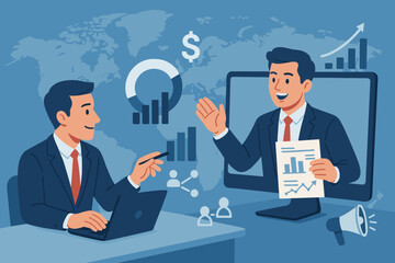 Global business collaboration with online video conference. Men discuss financial strategy, data analysis, and market growth. Remote teamwork, partnership, and communication concept.