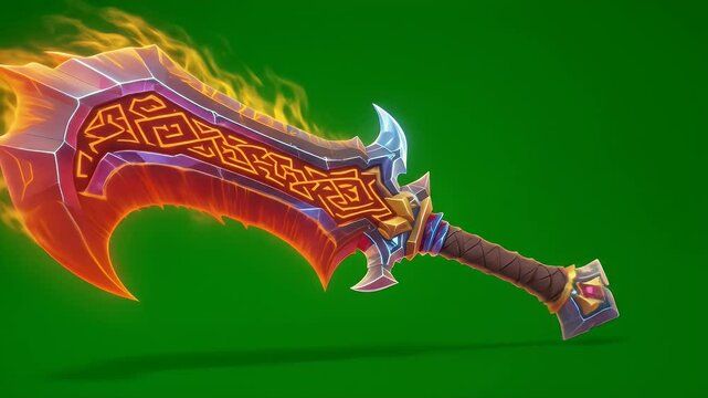Fiery Pixel Art Broadsword Animation Isolated on Green Screen 3D Render for Visual Effects Gaming Asset and Fantasy Themed Projects