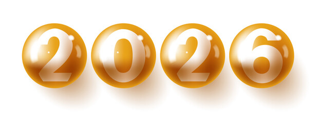 Four golden spheres displaying the year 2026.