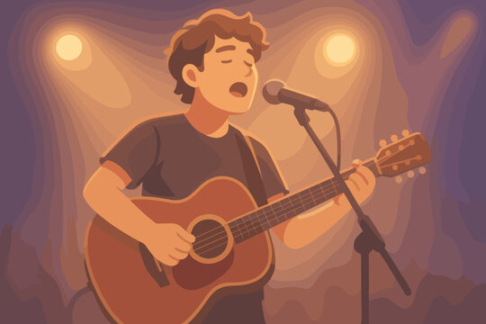 Young musician singing and playing acoustic guitar on stage under spotlights. Male singer-songwriter character performing at a live music concert. Solo artist performance concept. - Powered by Adobe