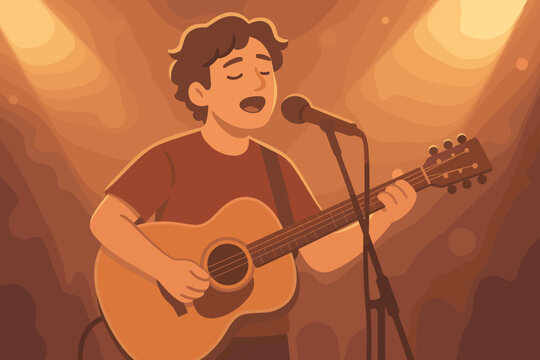 Singer songwriter playing acoustic guitar and singing into a microphone on stage. Young musician performing a solo concert under a spotlight. Live music gig or open mic concept.