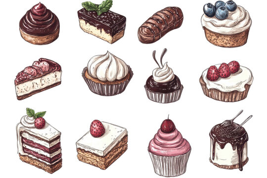 Delightful vintage modern illustrations featuring an array of tempting desserts on a clean background for culinary inspiration and art appreciation