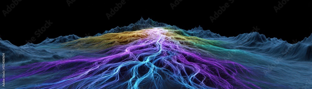 Poster a vibrant, multicolored digital terrain map with glowing, flowing lines representing elevation and d