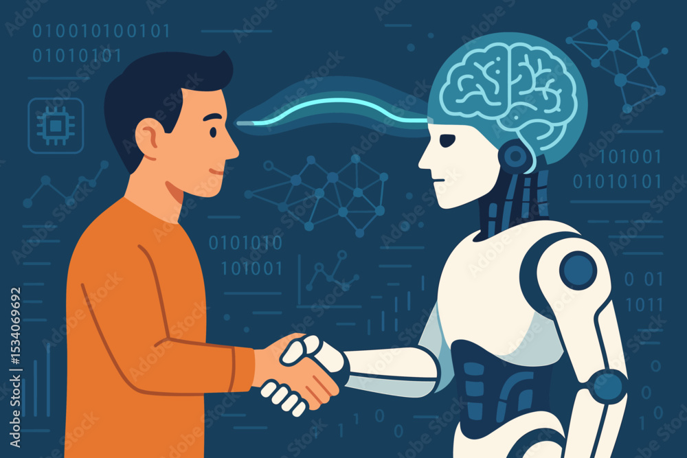 Poster artificial intelligence concept. human man shaking hands with a robot. partnership, connection, and 